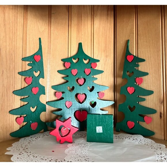 Vintage Dept 56 Wooden Christmas Trees Heart Cutouts Star Topper Ornament - Picture 2 of 3